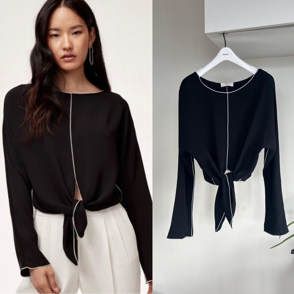 Aritzia Babaton Abasi Black/White Tie Front Crop Formal Long Sleeve Blouse SzXS